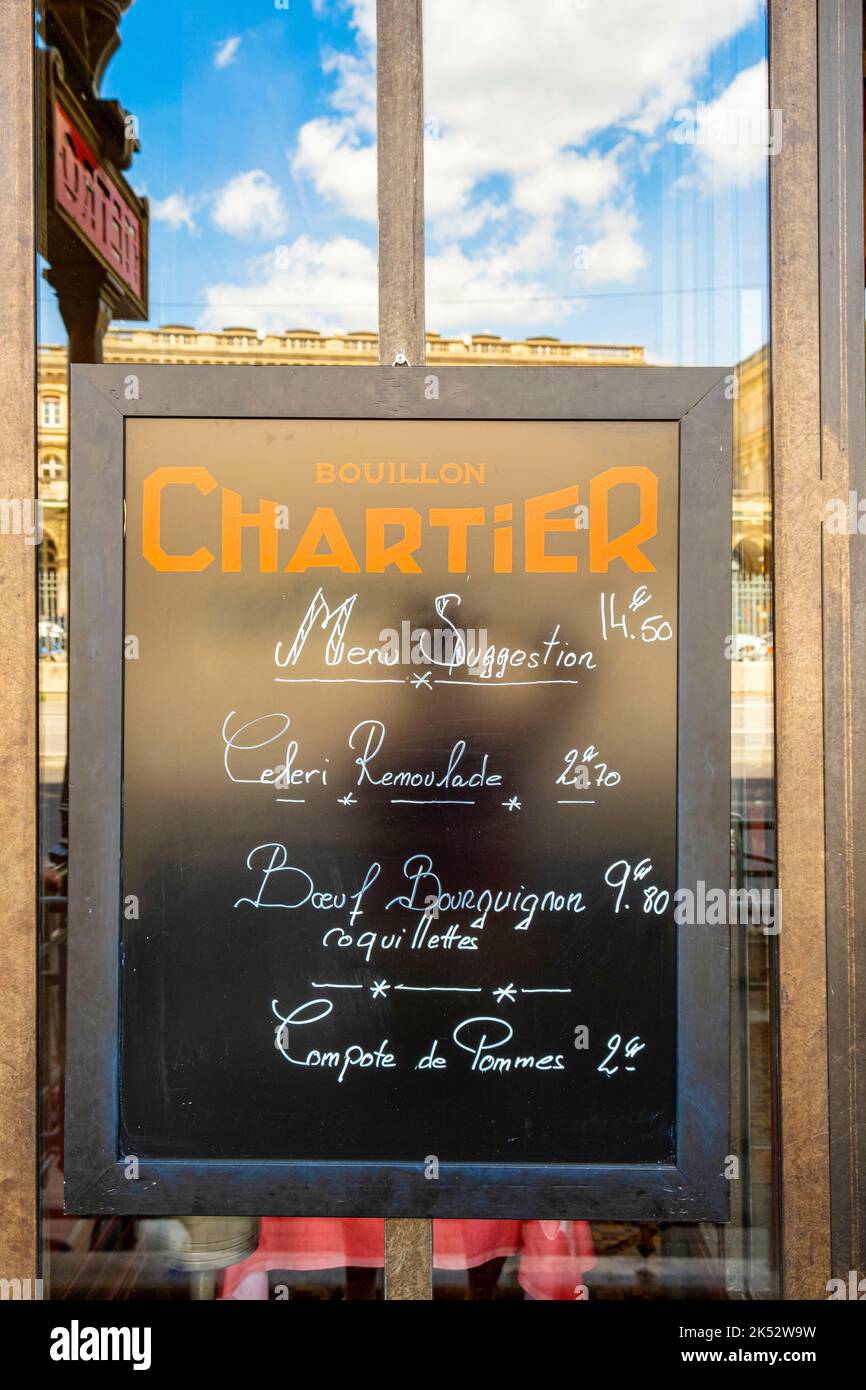 France, Paris, restaurant Bouillon Chartier, Gare de l'Est, menu sign