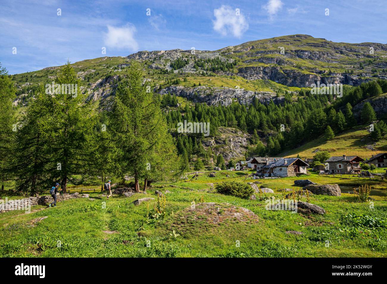 France, Savoie, Haute Tarentaise, Vanoise National Park, Sainte Foy Tarentaise, the hamlet of Monal (1874 m) and the Monts (2510 m) Stock Photo