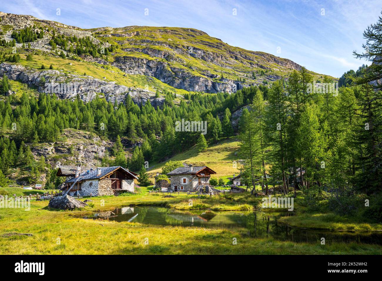 France, Savoie, Haute Tarentaise, Vanoise National Park, Sainte Foy Tarentaise, the hamlet of Monal (1874 m) and the Monts (2510 m) Stock Photo