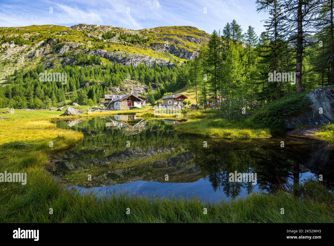 France, Savoie, Haute Tarentaise, Vanoise National Park, Sainte Foy Tarentaise, the hamlet of Monal (1874 m) and the Monts (2510 m) Stock Photo