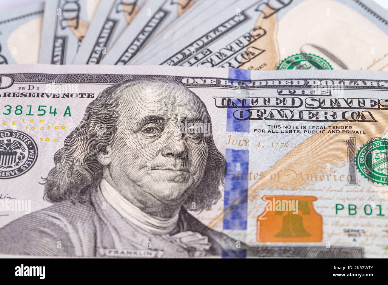 Pile of 100 dollar banknotes on white background for design purpose ...