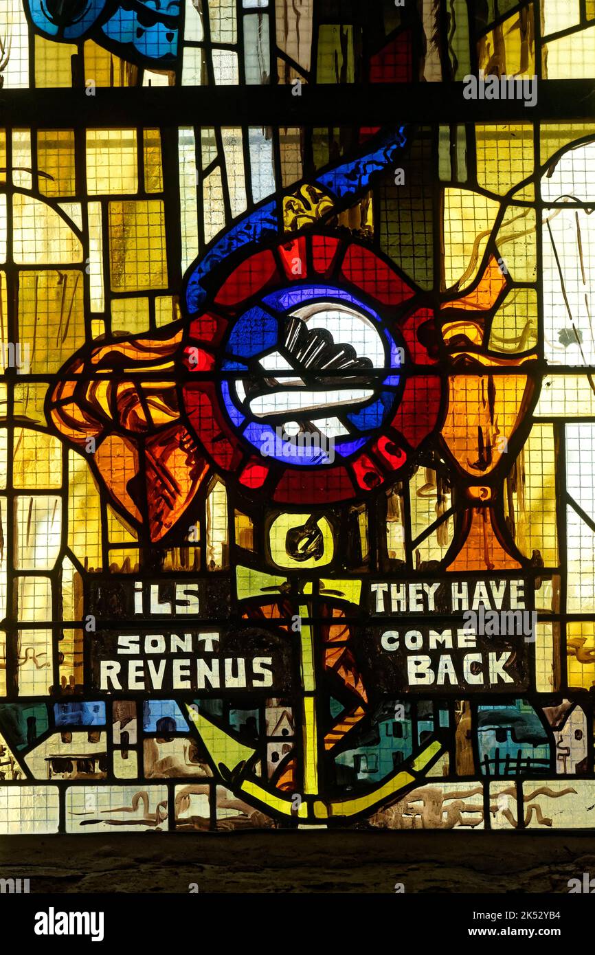 France, Manche, Cotentin, Sainte Mere Eglise, one of the first communes of France liberated on June 6, 1944, the church, Stained glass windows of the Stock Photo