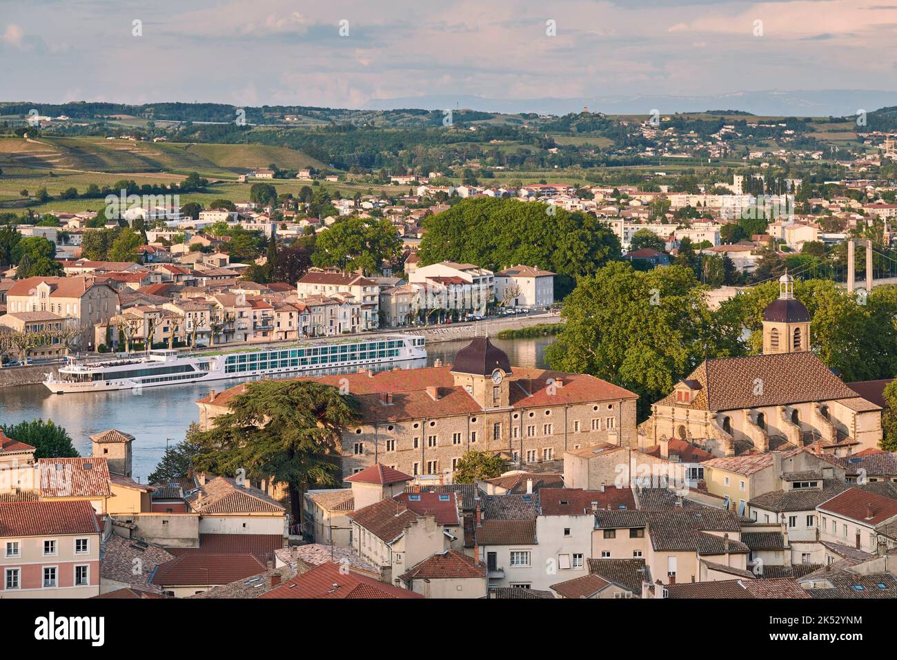 France, Ardeche, Rhone valley, Tournon sur Rhone, the chapel and the Gabriel Faure high school, Tain l'Hermitage (Drome) in the background Stock Photo