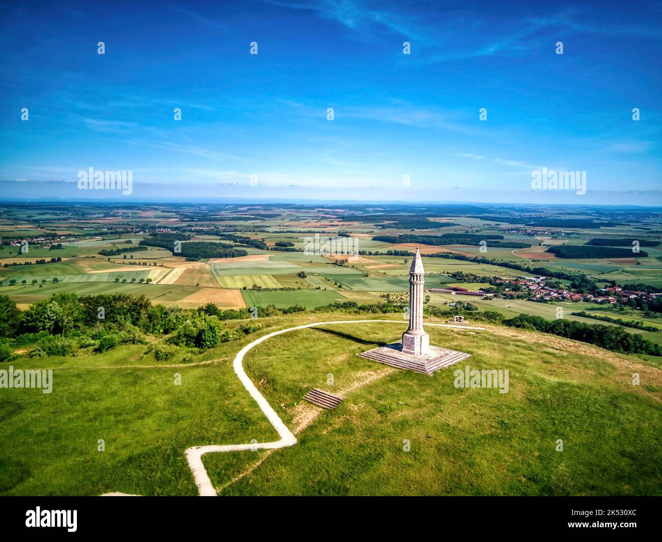 France, Meurthe-et-Moselle, Saintois country, Saxon-Sion, Sion-Vaudémont hill, the Maurice Barrès monument (aerial view) Stock Photo