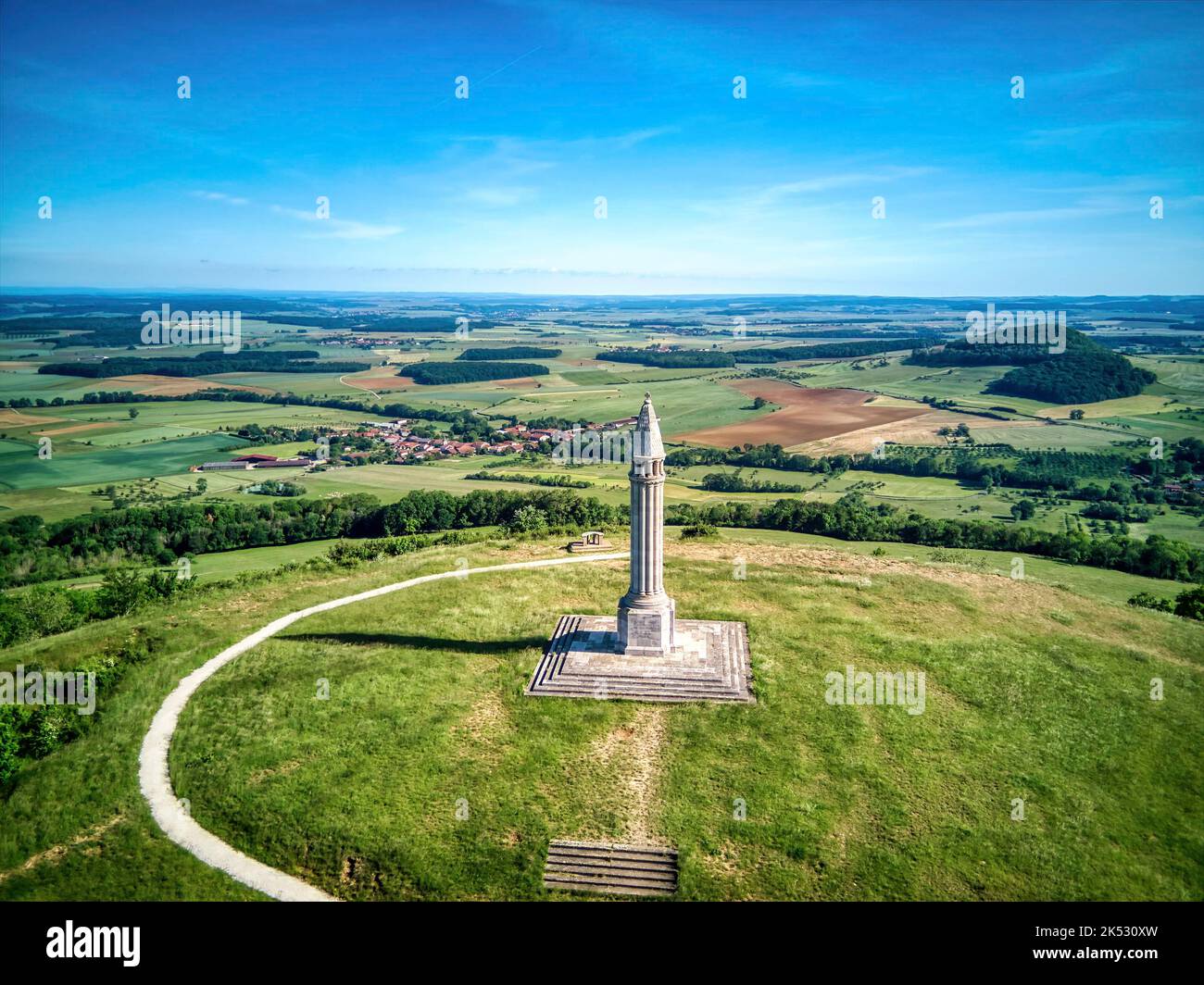 France, Meurthe-et-Moselle, Saintois country, Saxon-Sion, Sion-Vaudémont hill, the Maurice Barrès monument (aerial view) Stock Photo