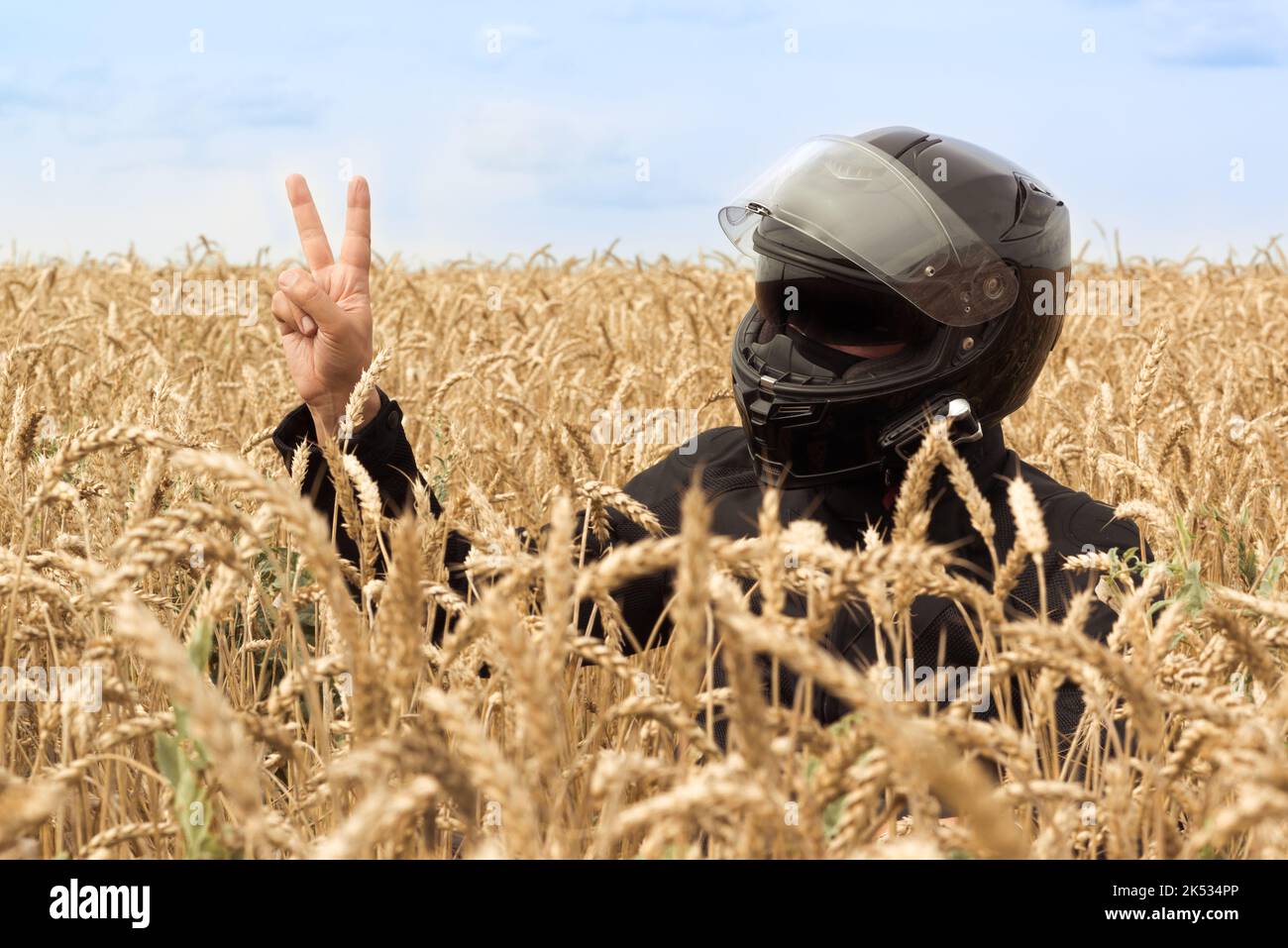 A male driver full motorcycle equipped. Outdoor wheat field and sky sunny day. Victory sign concept. Rider equipment Stock Photo