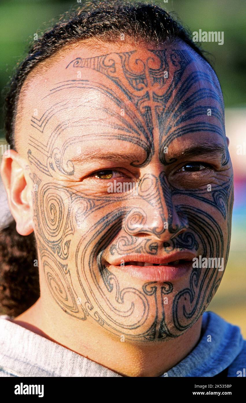 New Zealand, North Island, Waitangi, facial tattoo of a Maori Stock Photo