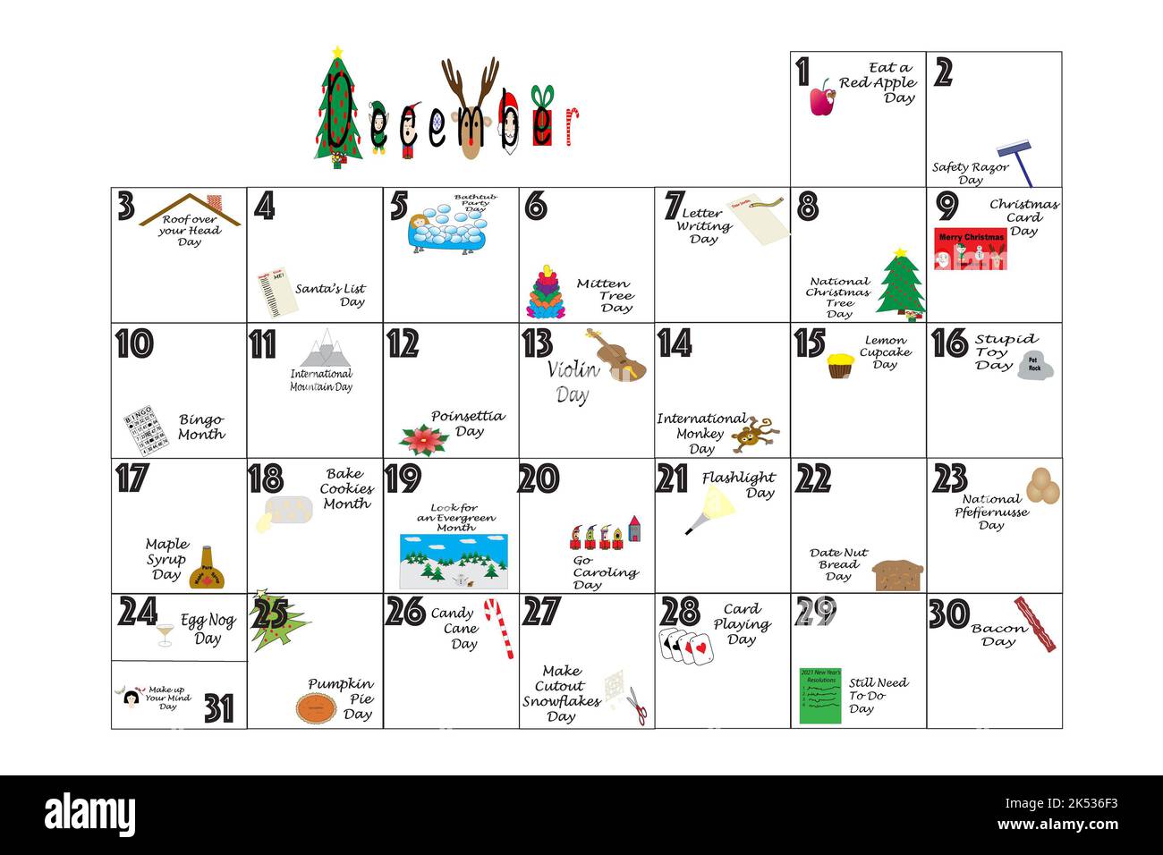 December 2023 calendar illustrated with daily Quirky Holidays and