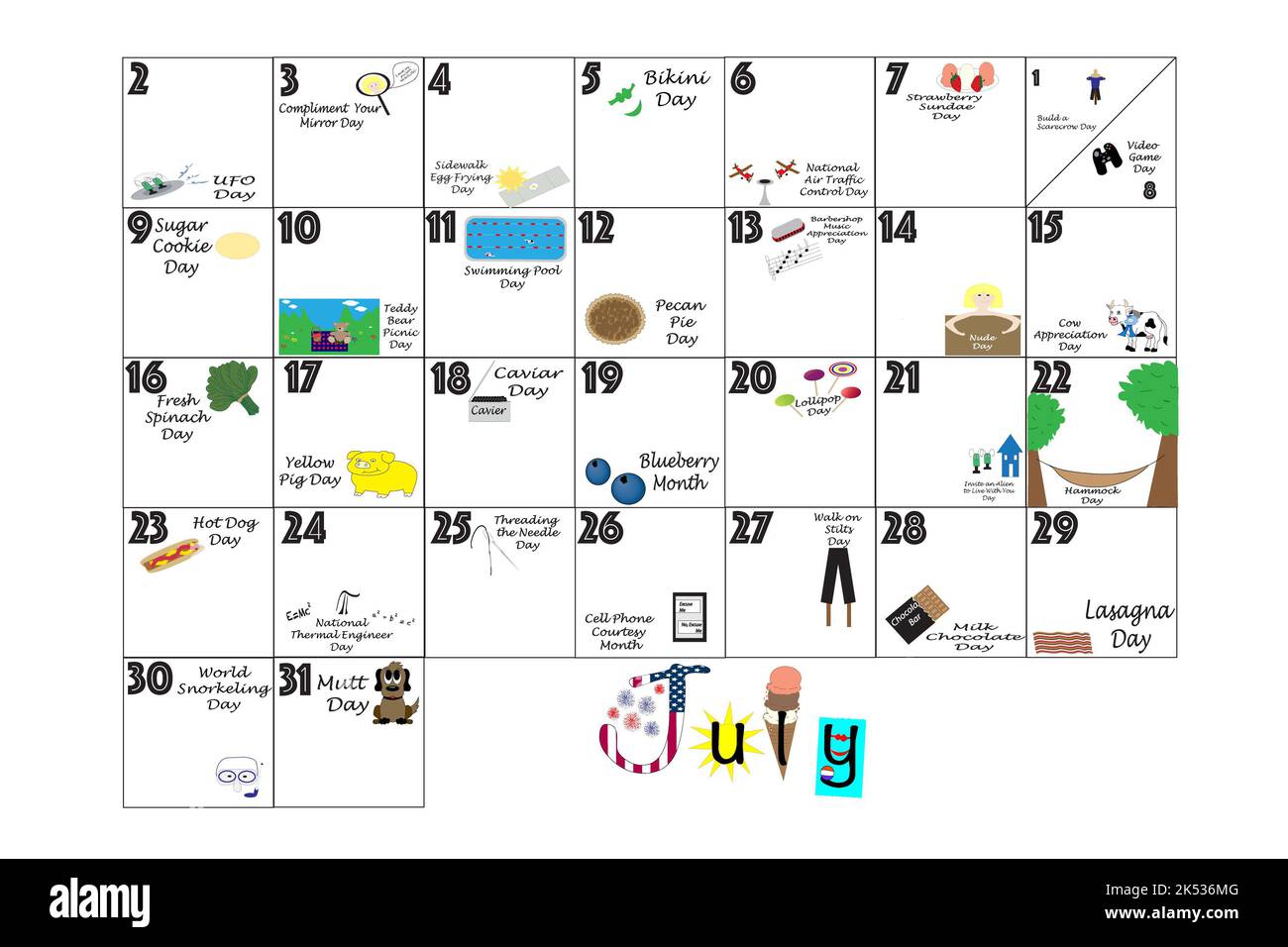 July 2023 calendar illustrated with daily Quirky Holidays and Unusual