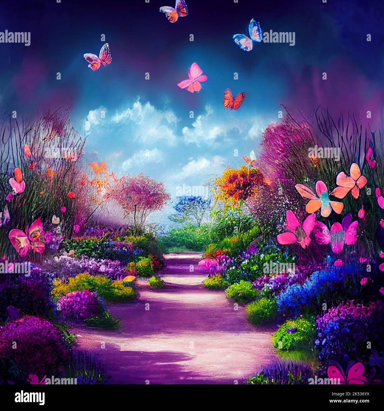 An illustration of a walkway in a beautiful flower garden with