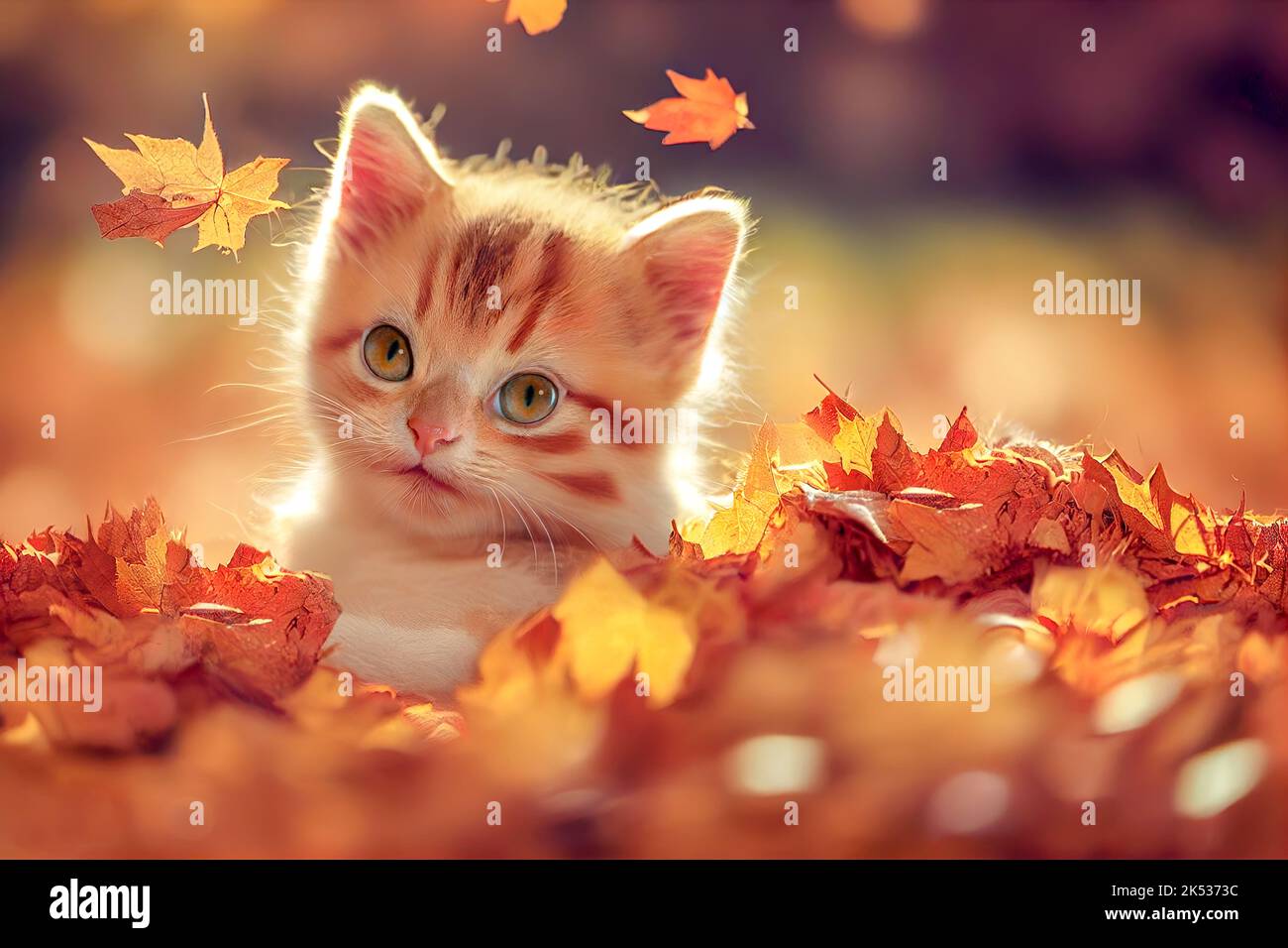 Photo of a fluffy yellow cute kitty in the autumn garden with falling leaves Stock Photo
