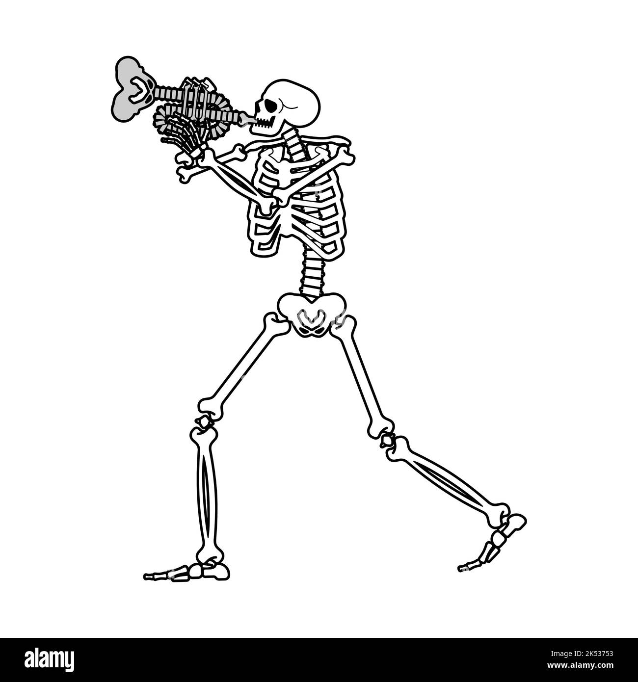 Skeleton with trumpet. Skeleton musician. bugle and dead. Vector