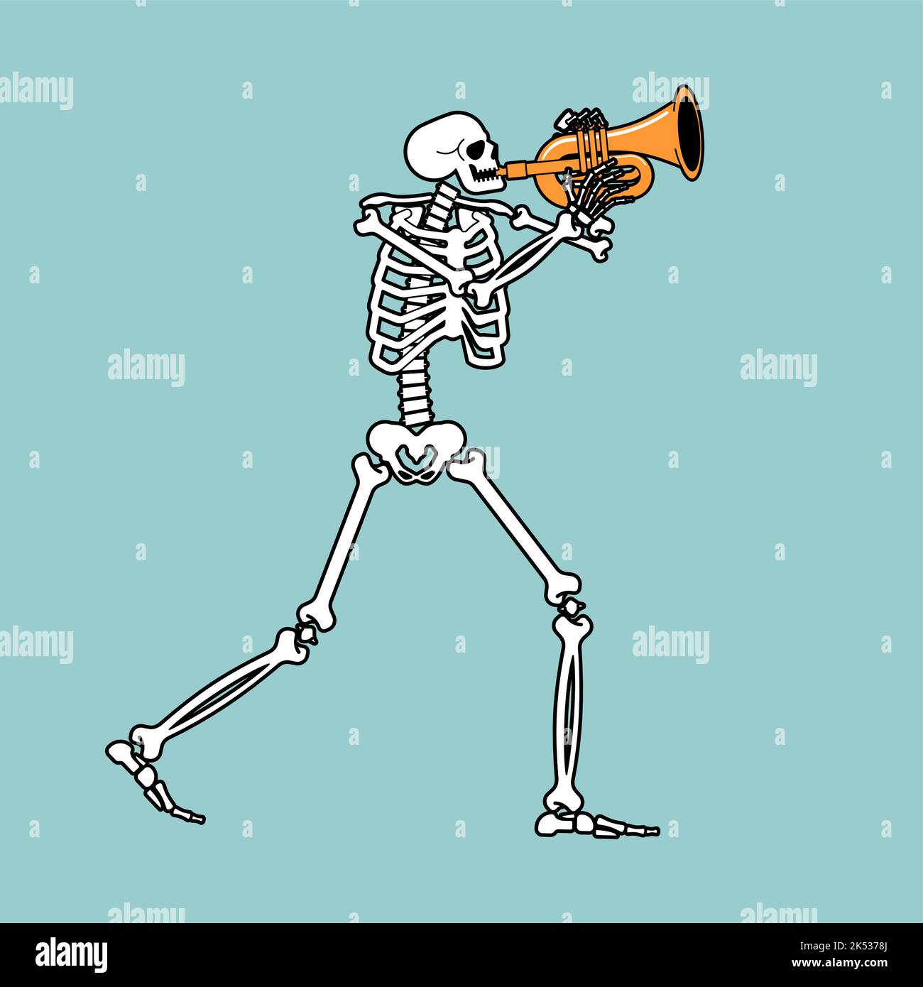 Skeleton with trumpet. Skeleton musician. bugle and dead. Vector