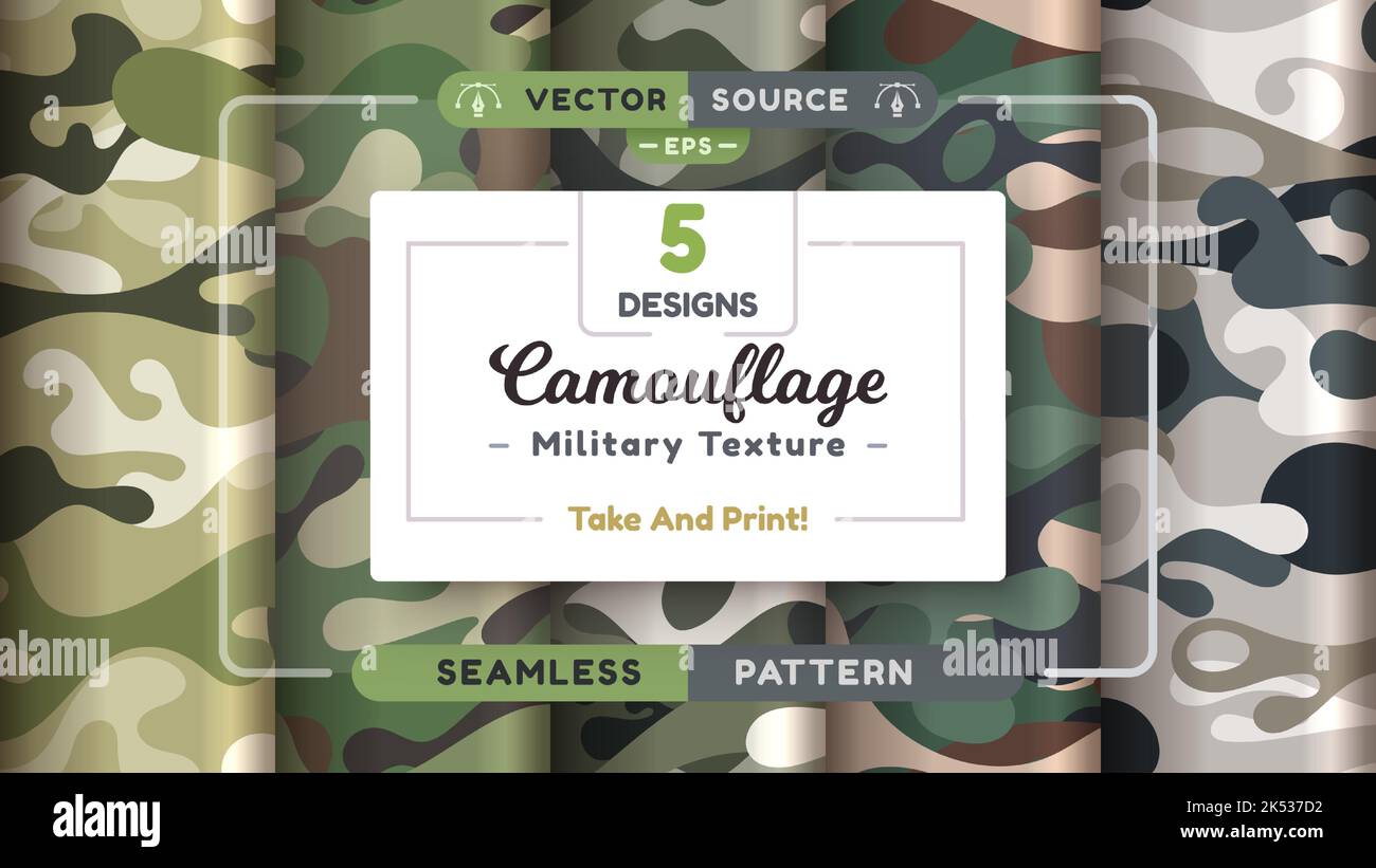 Camouflage seamless patterns, military texture, bundle war fabric Stock Vector