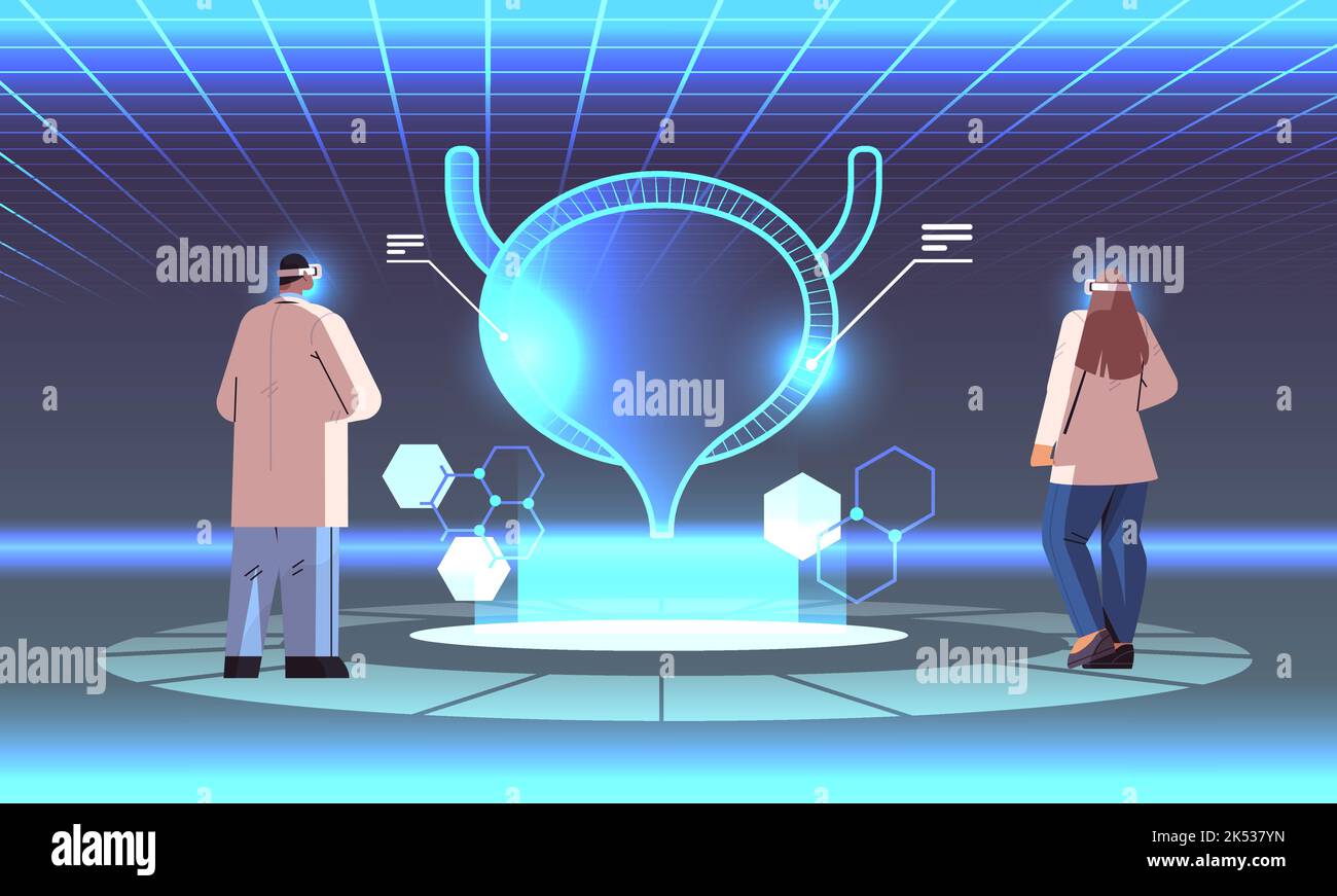 doctors in digital glasses looking at virtual detailed explanation