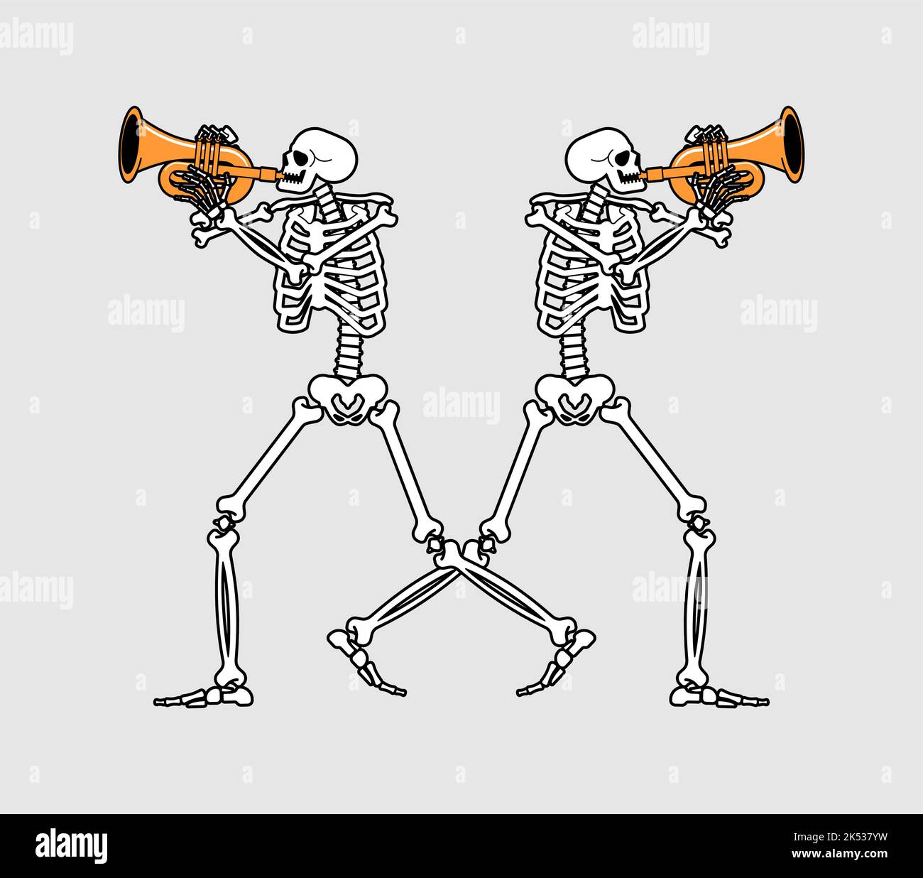 Skeleton with trumpet. Skeleton musician. bugle and dead. Vector