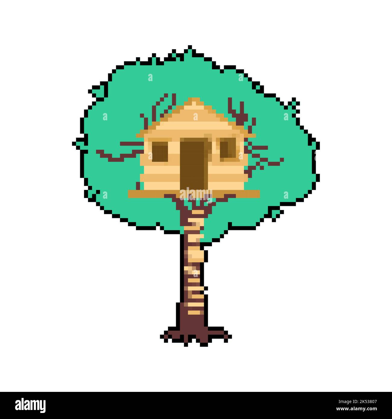 Pixel art Tree house. 8 bit Children's treehouse. Graphics of an old