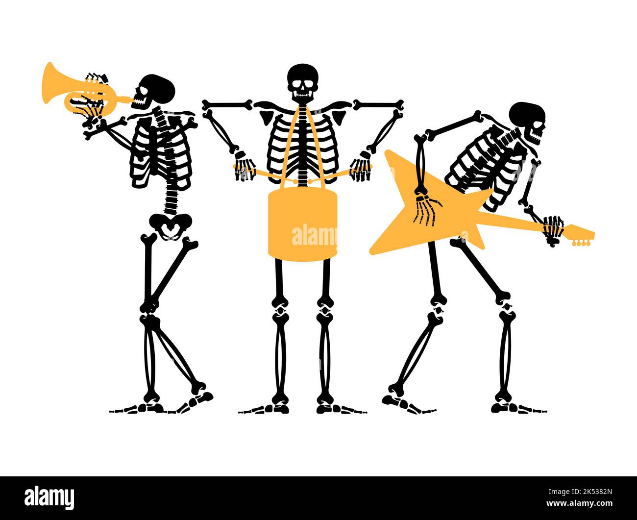 Skeletons rock band. Skeleton and guitar. Dead man and drum. Skeleton