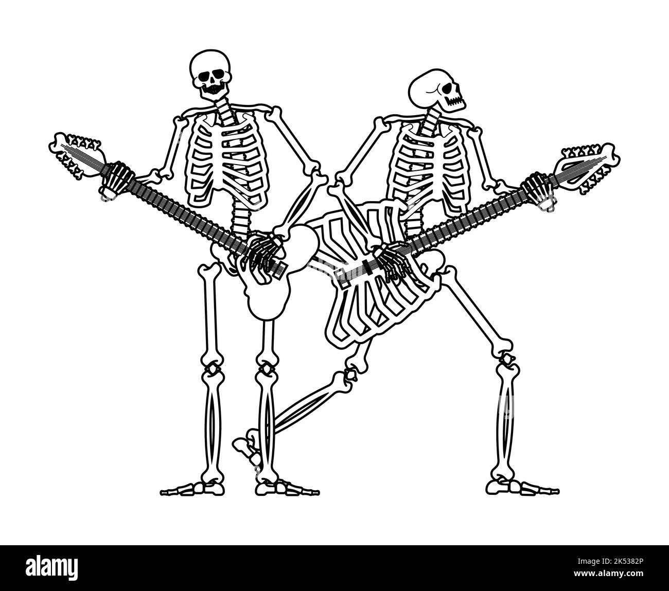 Skeleton with guitar. Skeleton musician. Electric guitar and dead man