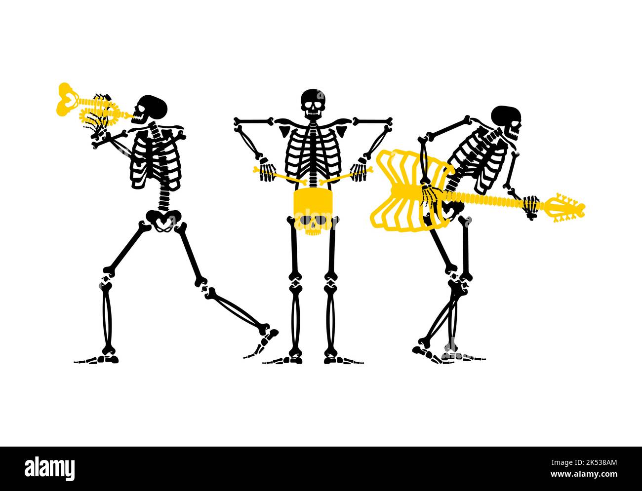 Skeletons rock band. Skeleton and guitar. Dead man and drum. Skeleton