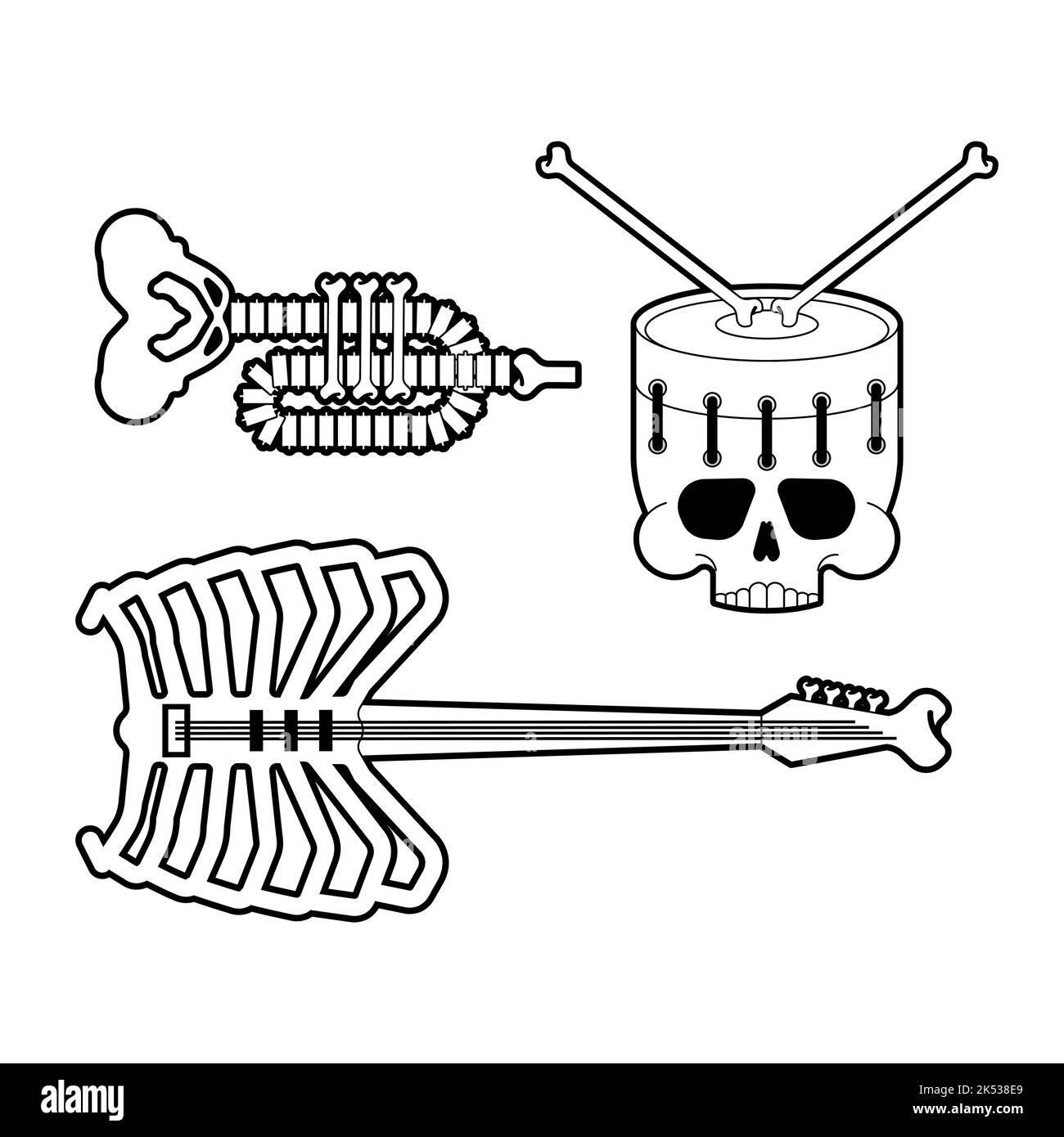 Musical instrument from bones set. Skeleton bugle and Trumpet. death Guitar and drum Stock Vector