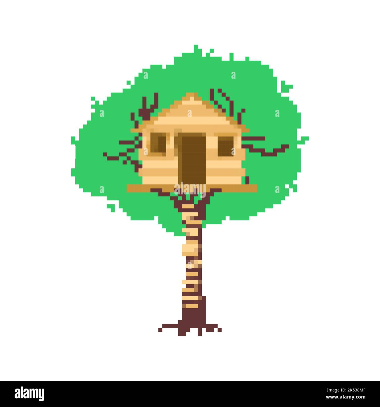 Pixel art Tree house. 8 bit Children's treehouse. Graphics of an old