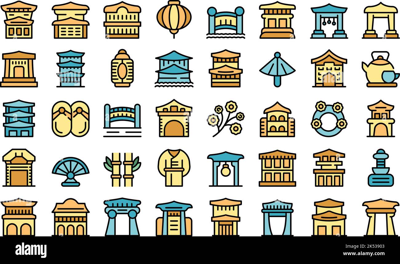Kyoto icons set outline vector. Architecture real. Japan estate thin