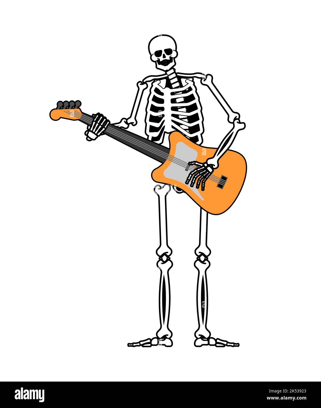 Skeleton with guitar. Skeleton musician. Electric guitar and dead man