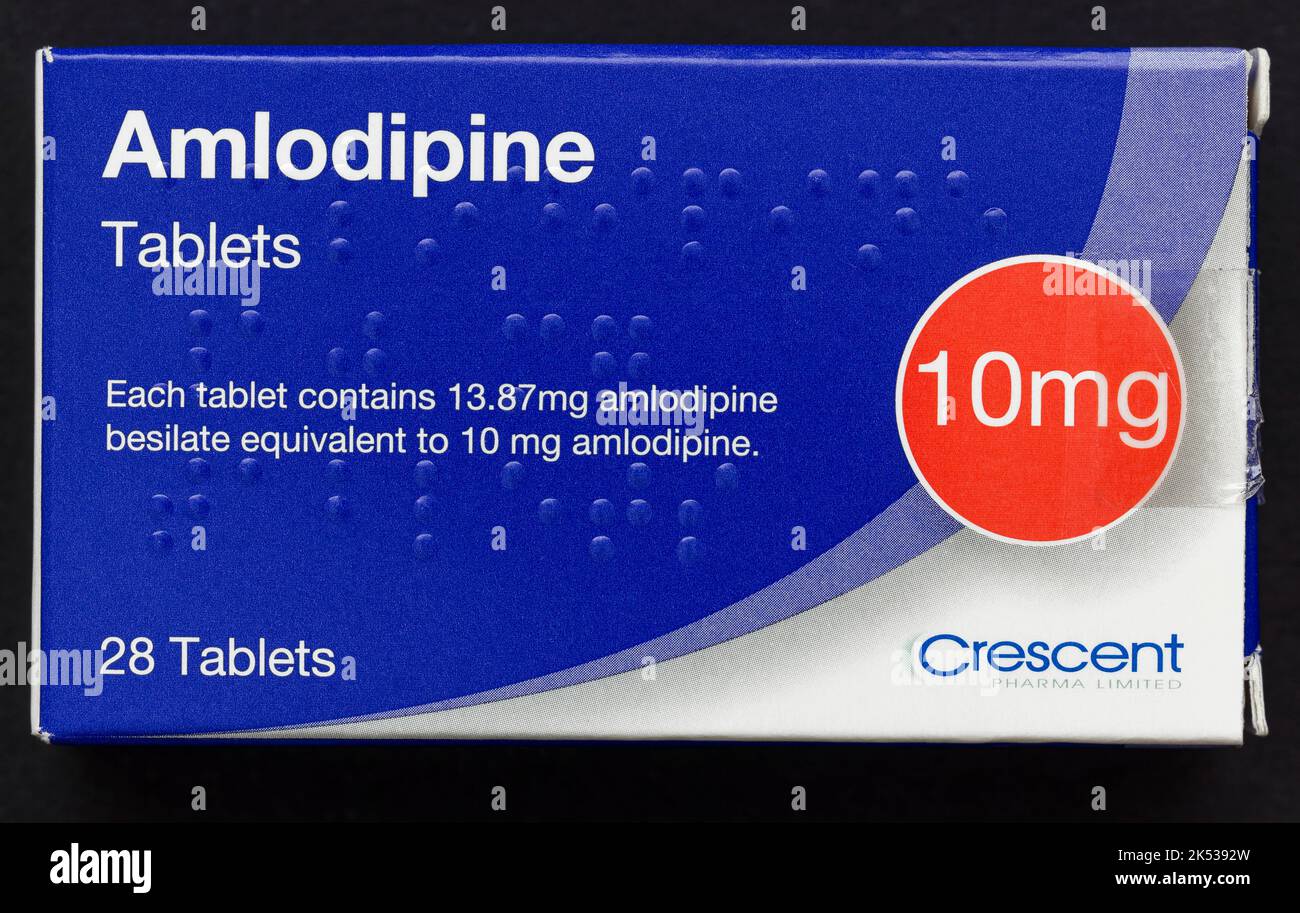 Box of 10mg amlodipine tablets by Crescent Pharma Limited The tablets Box of 10mg amlodipine tablets by Crescent Pharma Limited The tablets
