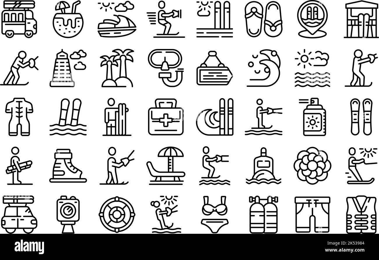 Water skiing icons set outline vector. Sport adventure. Water activity