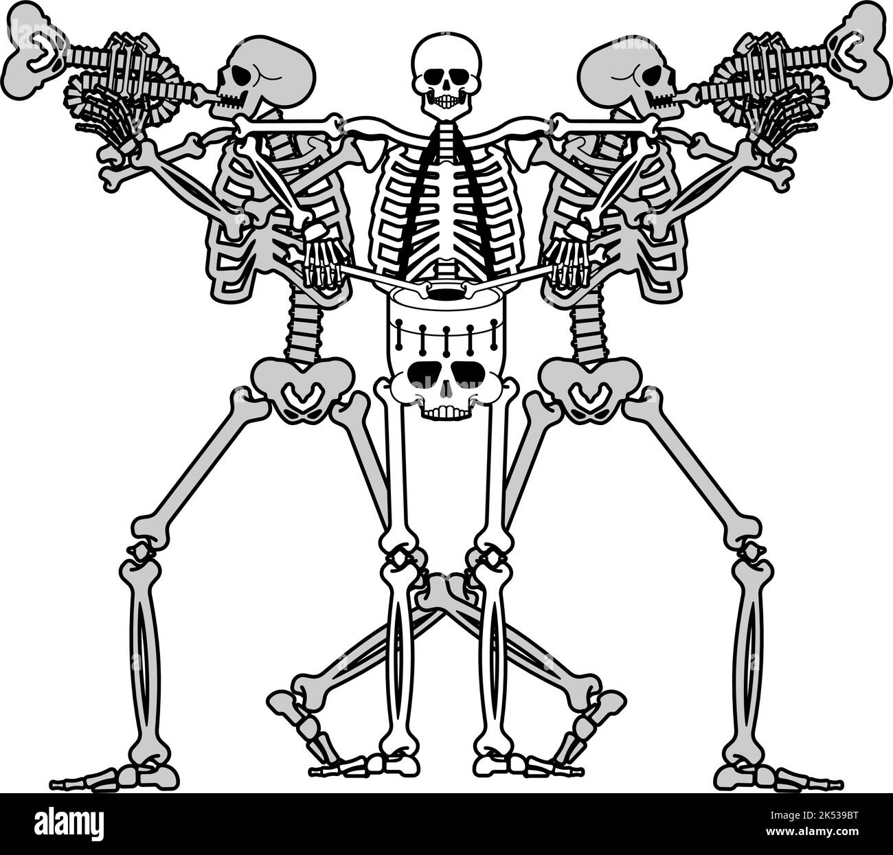 Skeletons rock band. Skeleton and guitar. Dead man and drum. Skeleton and trumpet Stock Vector