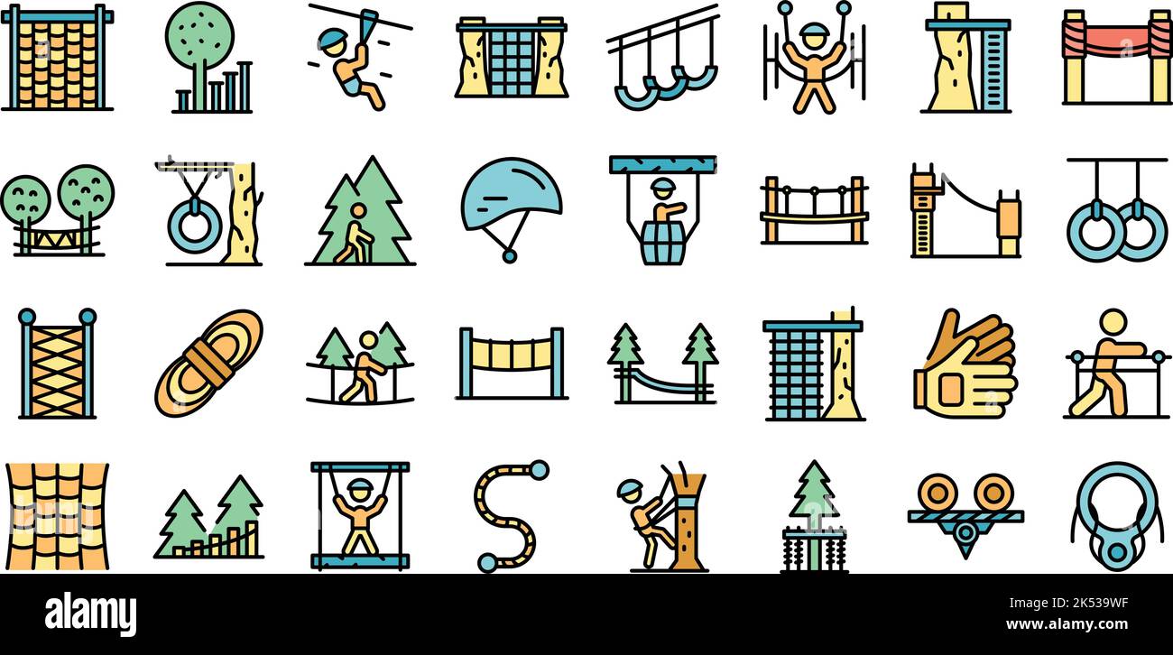 Rope park icons set outline vector. Walk adult. Sport forest thin line ...