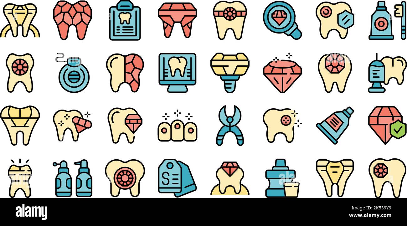 Tooth gems icons set outline vector. Dental care. Medicine dent thin line color flat on white Stock Vector