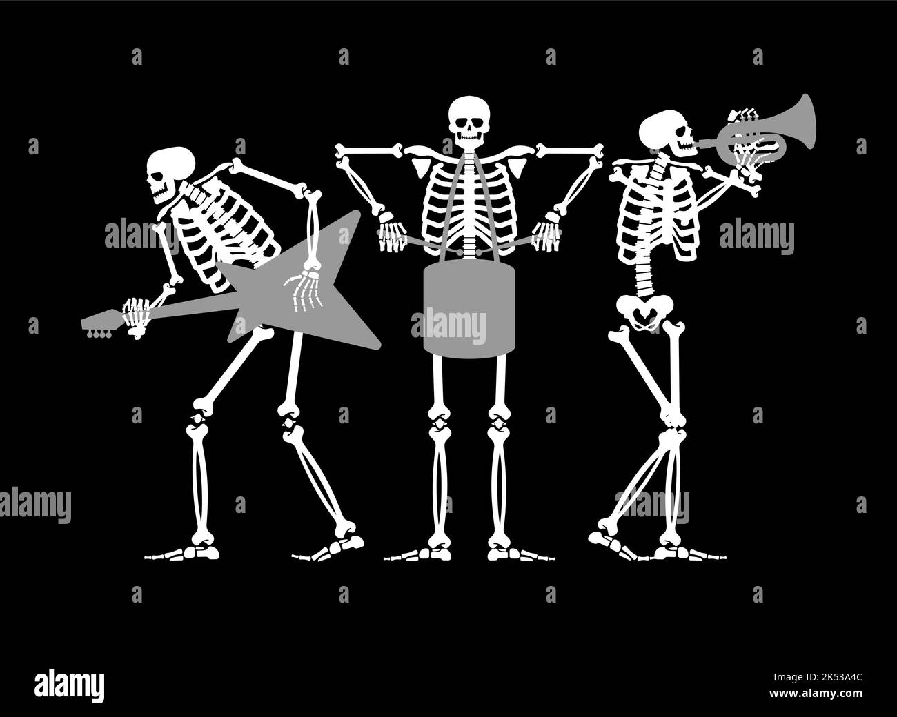 Skeletons rock band. Skeleton and guitar. Dead man and drum. Skeleton and trumpet Stock Vector