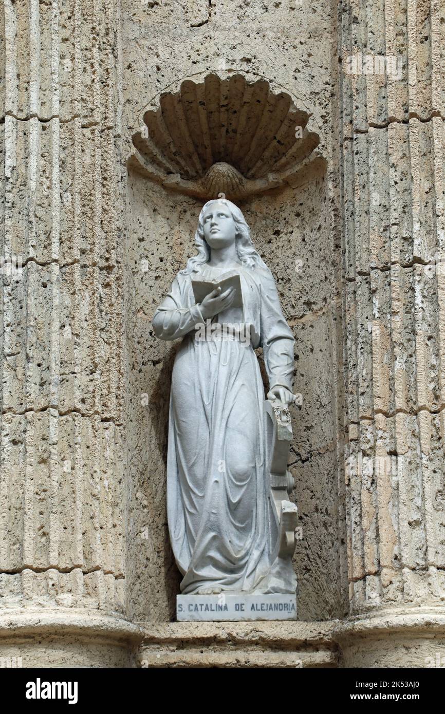 Statue of Saint Catherine of Alexandria on the facade of the Cathedral of Cartagena de Indias in Colombia Stock Photo