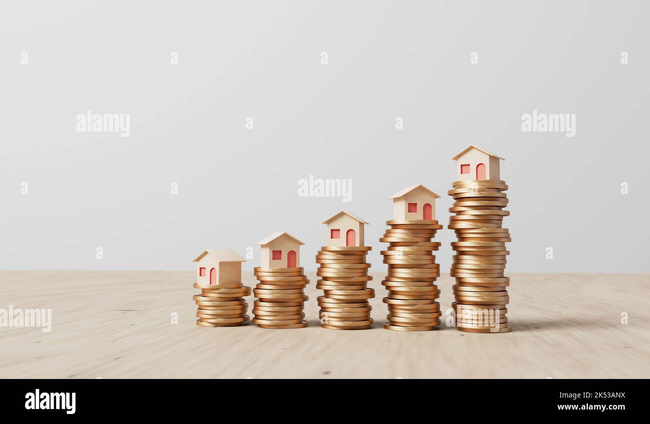 Home finance and property investment concept. Small house with a rising stack of coins. 3D Rendering Stock Photo