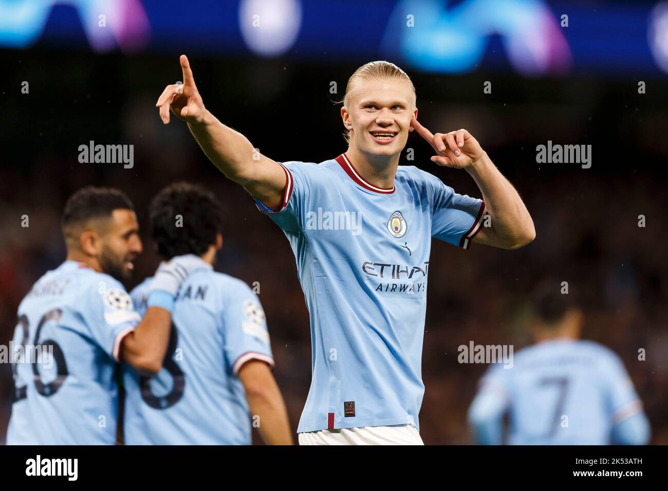 Manchester, UK. 05th Oct, 2022. Erling Haland of Manchester City celebrates after scoring their first goal to make the score 1-0 during the UEFA Champions League Group G match between Manchester City and FC Copenhagen at the Etihad Stadium on October 5th 2022 in Manchester, England. (Photo by Daniel Chesterton/phcimages.com) Credit: PHC Images/Alamy Live News Stock Photo
