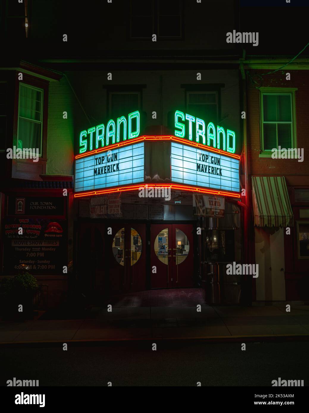 Hamburg Strand Theater neon sign at night, Hamburg, Pennsylvania Stock Photo