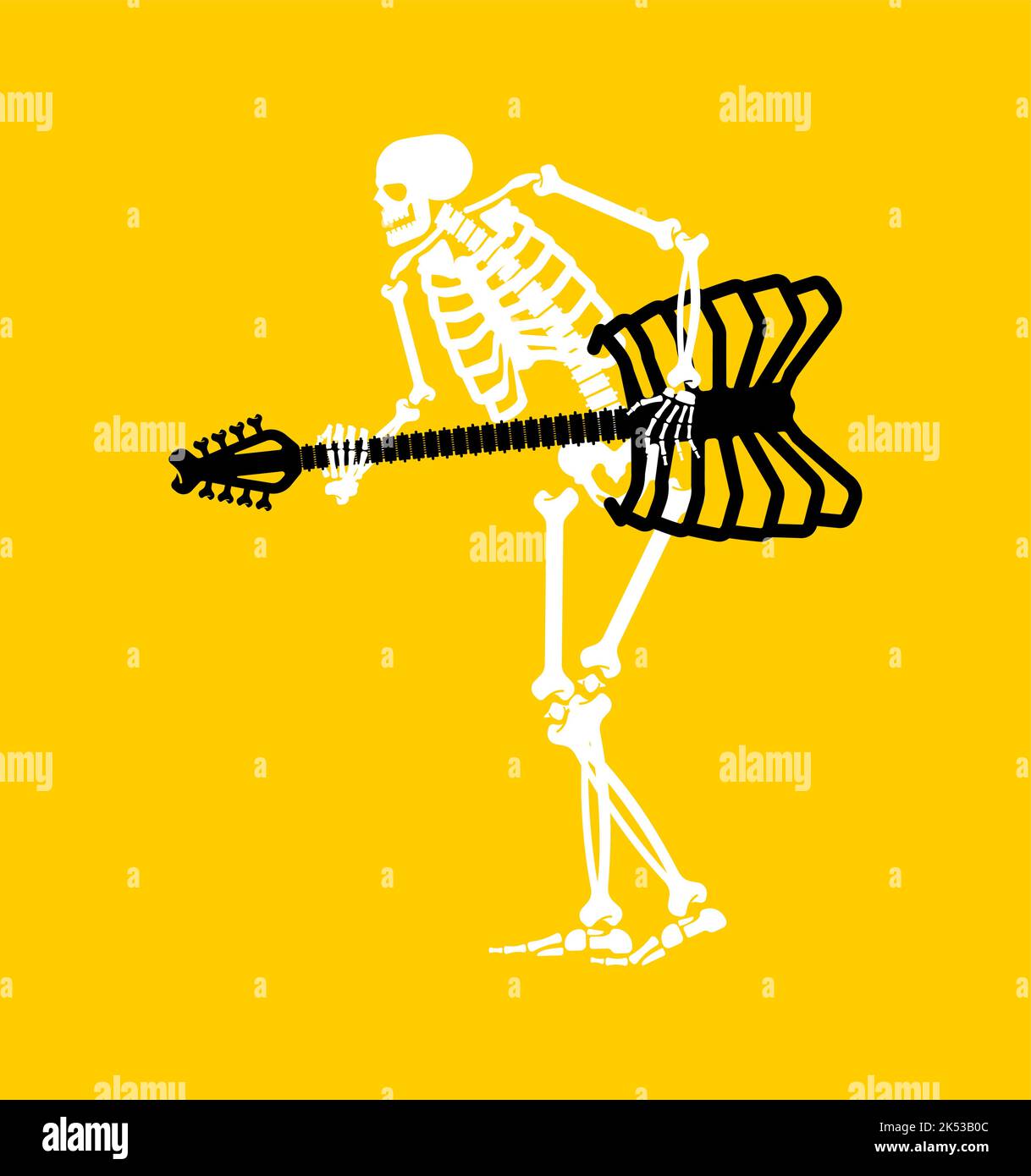 Skeleton with guitar. Skeleton musician. Electric guitar and dead man