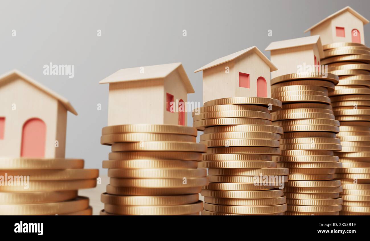 Home finance and property investment concept. Small house with a rising stack of coins. 3D Rendering Stock Photo