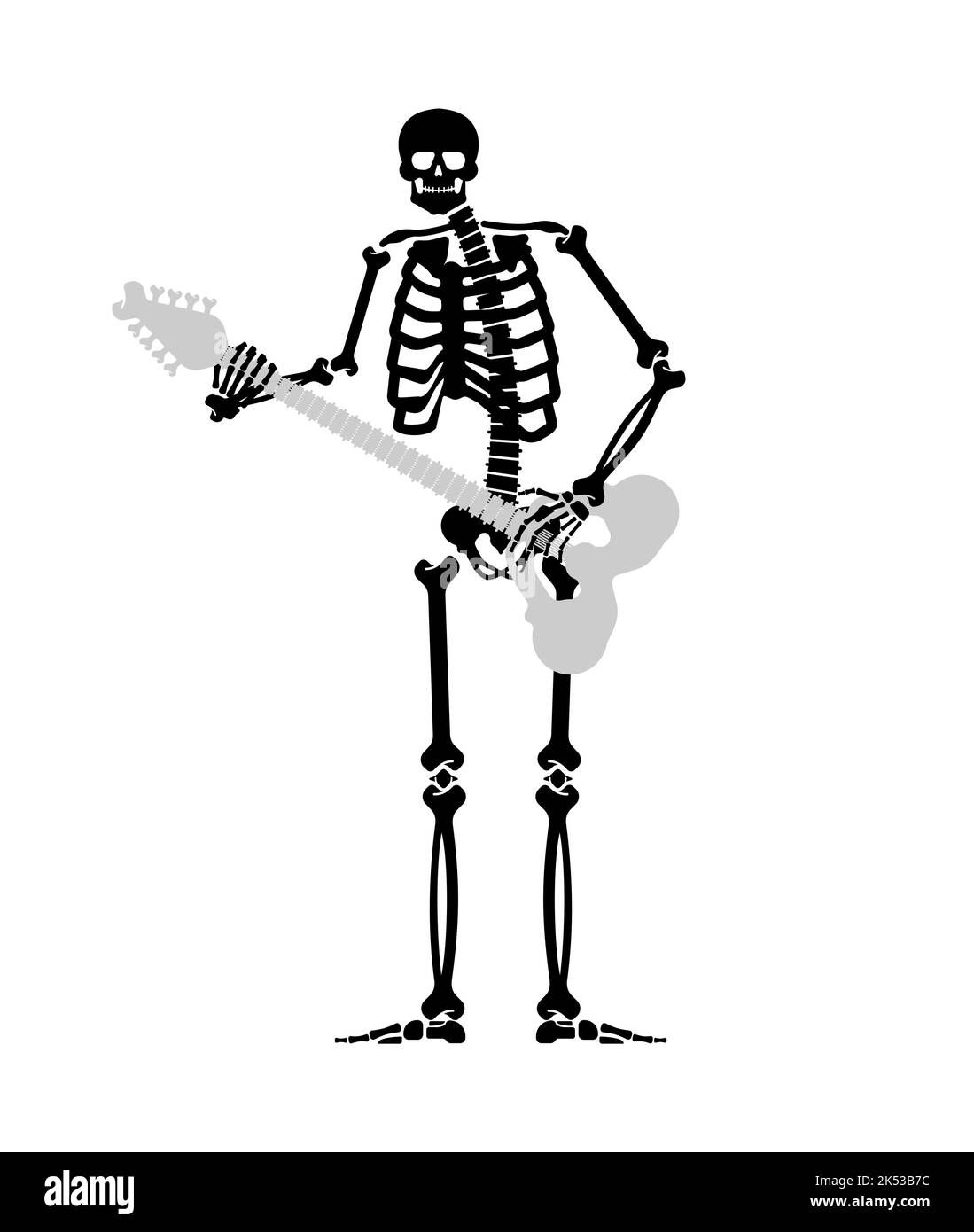 Skeleton with guitar. Skeleton musician. Electric guitar and dead man