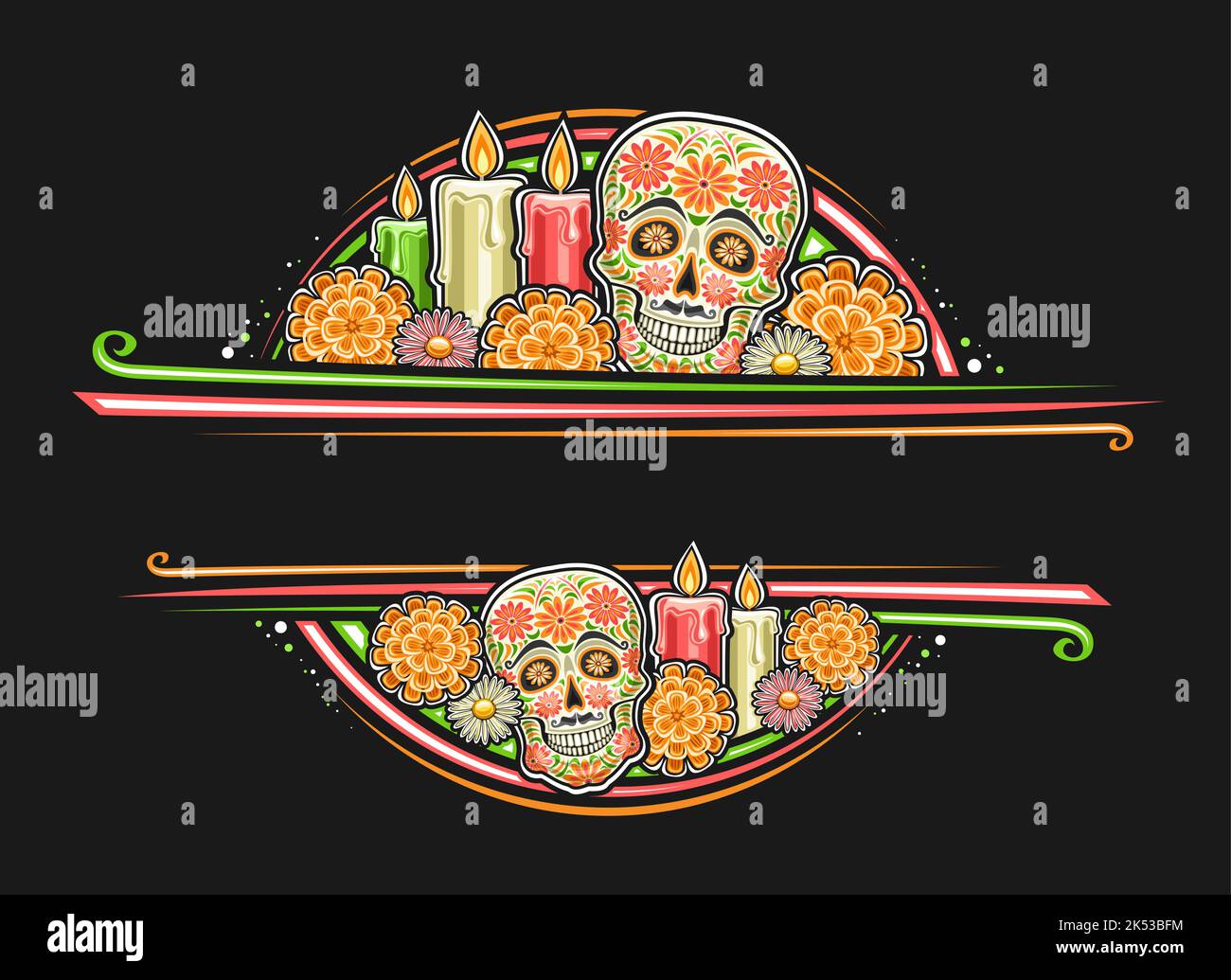 Vector border for Day of the Dead with blank copyspace for congratulation text, greeting card with illustration of art design decorative skull, burnin Stock Vector