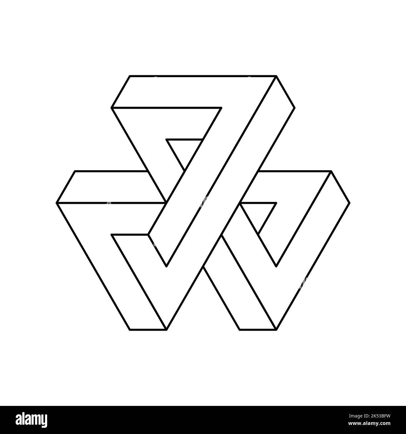 Three impossible triangles shape. Penrose esher geometric object. Line