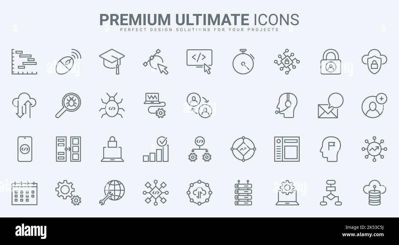 Support for computer software, program code thin line icons set vector illustration. Outline maintenance of cloud service, data export, modify and synchronisation with server, antivirus programming Stock Vector
