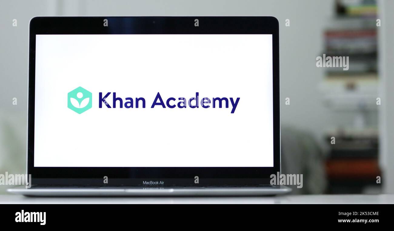 The logo of Khan Academy on a white background on a computer display ...