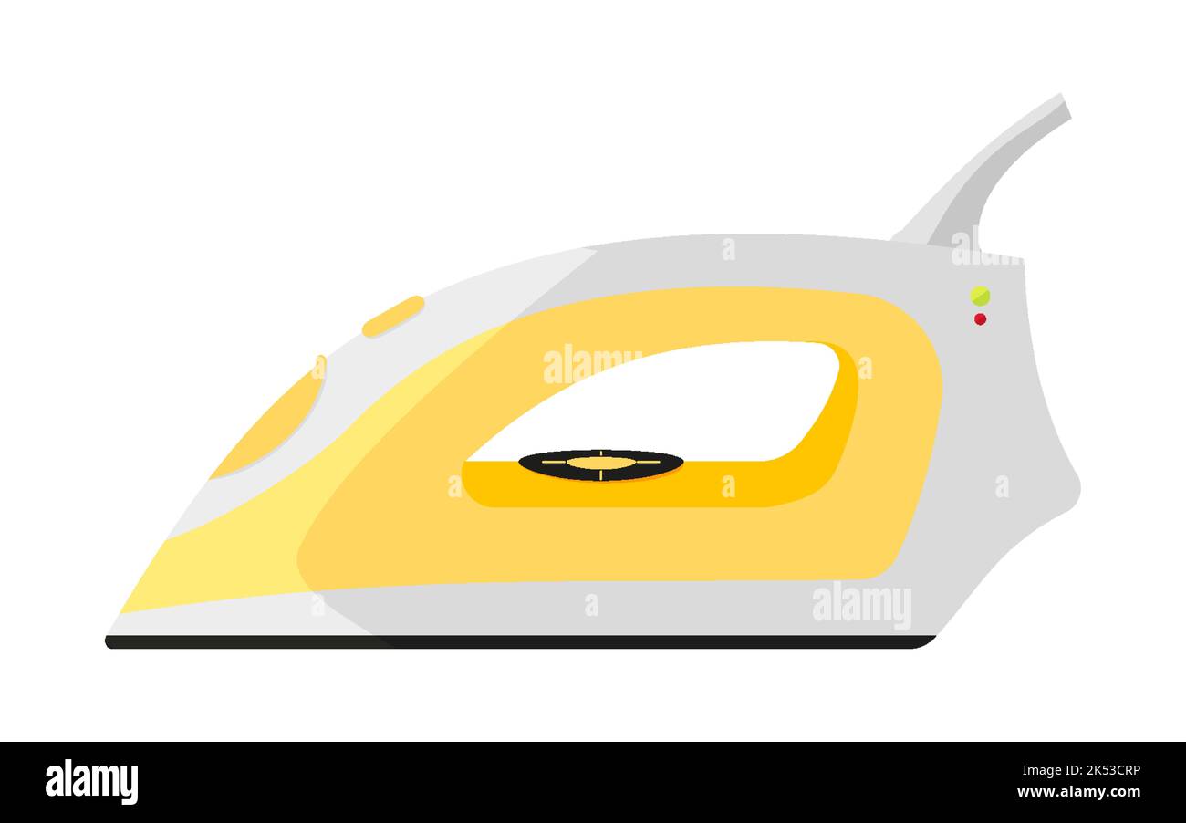 Steam iron household laundry steamer yellow flat. Equipment home cleaning disinfecting clean smooth clothes fabric hot steam logo electric appliance home economic icon store ads web appliance isolated Stock Vector