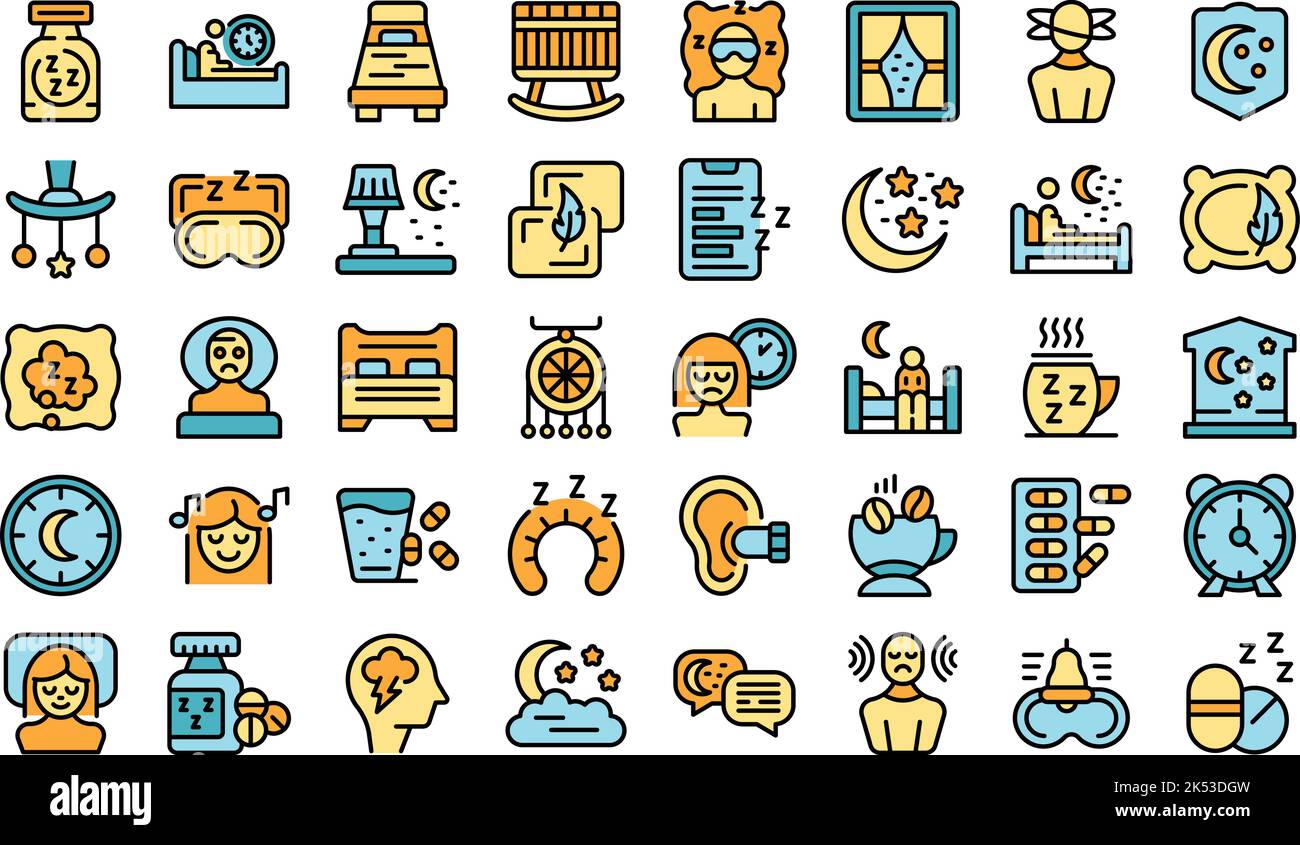 Insomnia icons set outline vector. Coffee man. Stress causes thin line ...