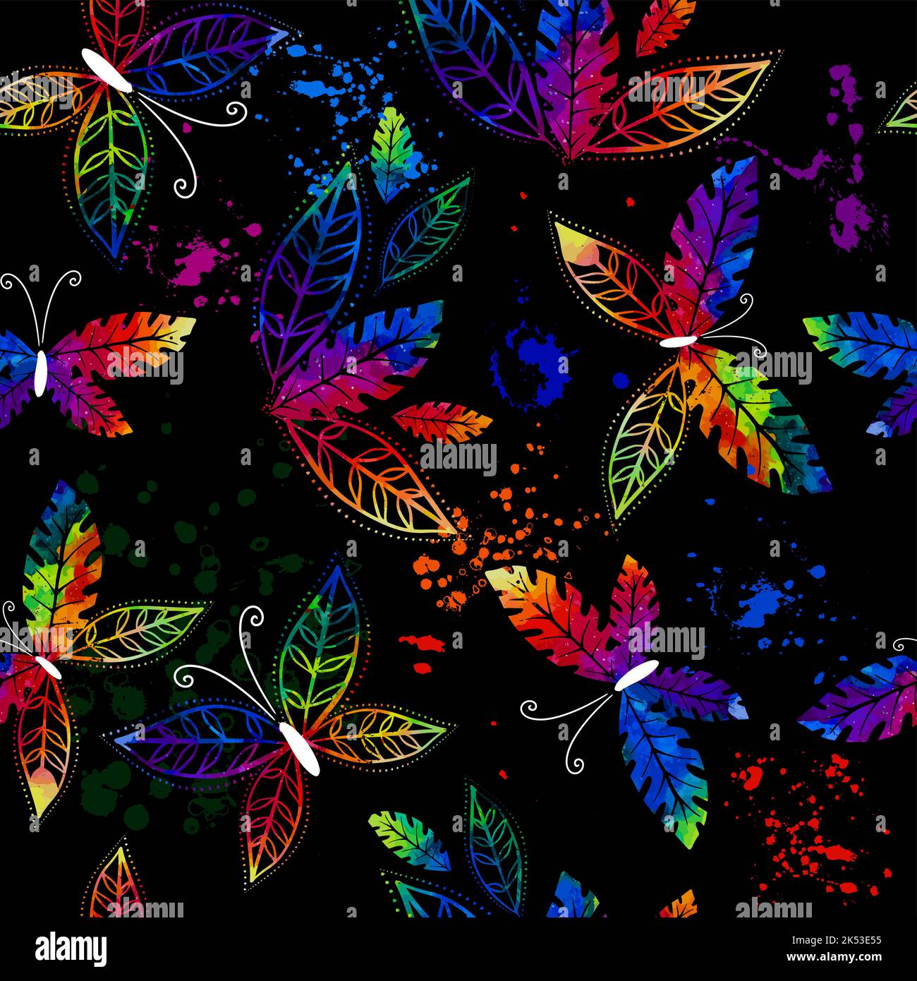 Seamless pattern of colored butterflies from leaves on a black ...