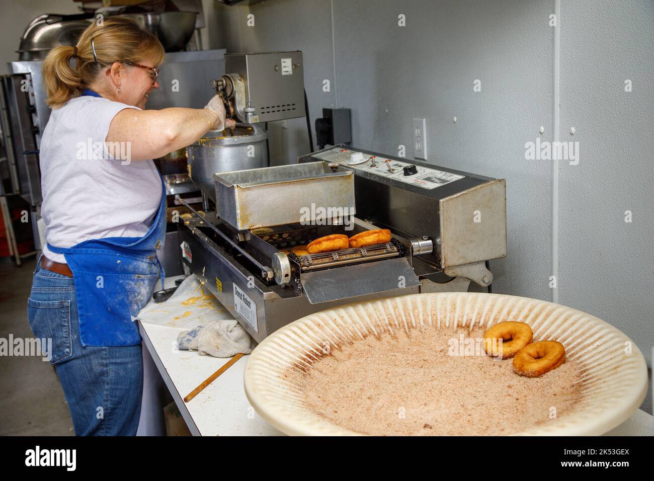 Rogers Family Orchard, Johnstown, Fulton County, New York: Making apple cider donuts is an autumn tradition in upstate New York. Stock Photo