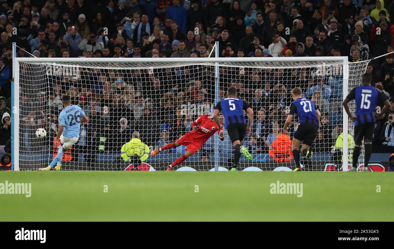 Manchester City's Riyad Mahrez scores their fourth goal from the penalty spotduring the UEFA Champions League Group G match between Manchester City and FC Copenhagen at the Etihad Stadium, Manchester on Wednesday 5th October 2022. (Credit: Mark Fletcher | MI News) Credit: MI News & Sport /Alamy Live News Stock Photo